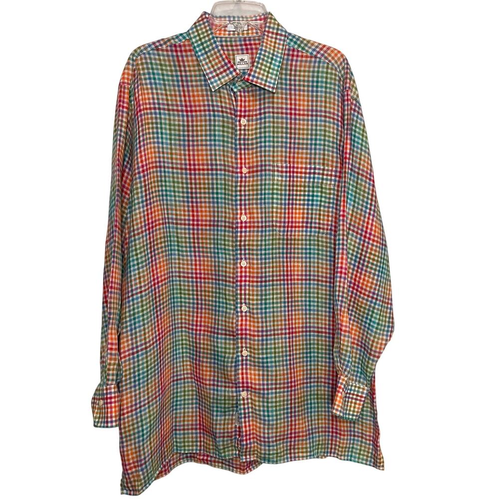 Peter Millar Shirt Mens Size L Rainbow Plaid Gingham 100% Linen Button Colorful